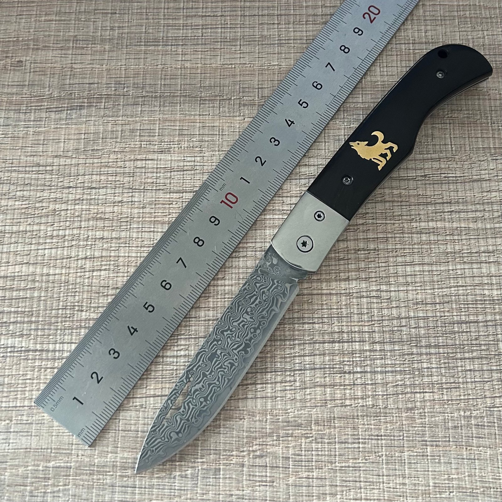 wholesale Artisan Damascus Folding Knife Black Grip + Gold Animal Inlay Crafted for Standout Style