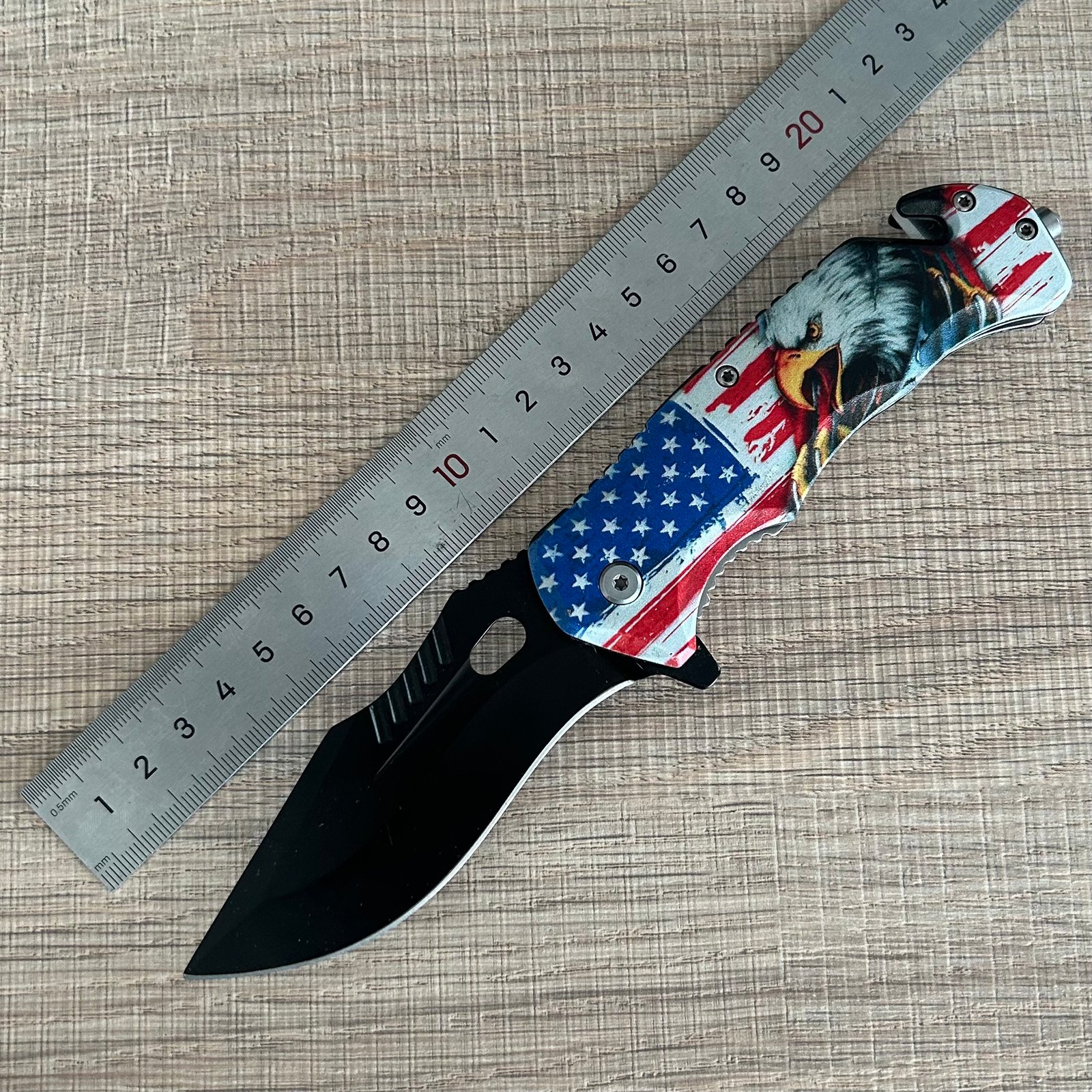 wholesale 4.75" USA Eagle Folding Pocket Knife – Patriotic EDC Folding Knife with 3.5"Black Blade, American Flag ABS Handle, Belt Clip, Glass Breaker & Seat Belt Cutter for Outdoor Use