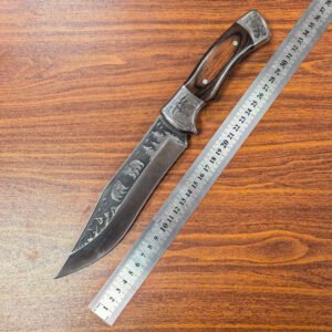 A survival knife with a black nylon sheath and a wooden handle, a fixed knife, a powerful hunting knife, a gift for men