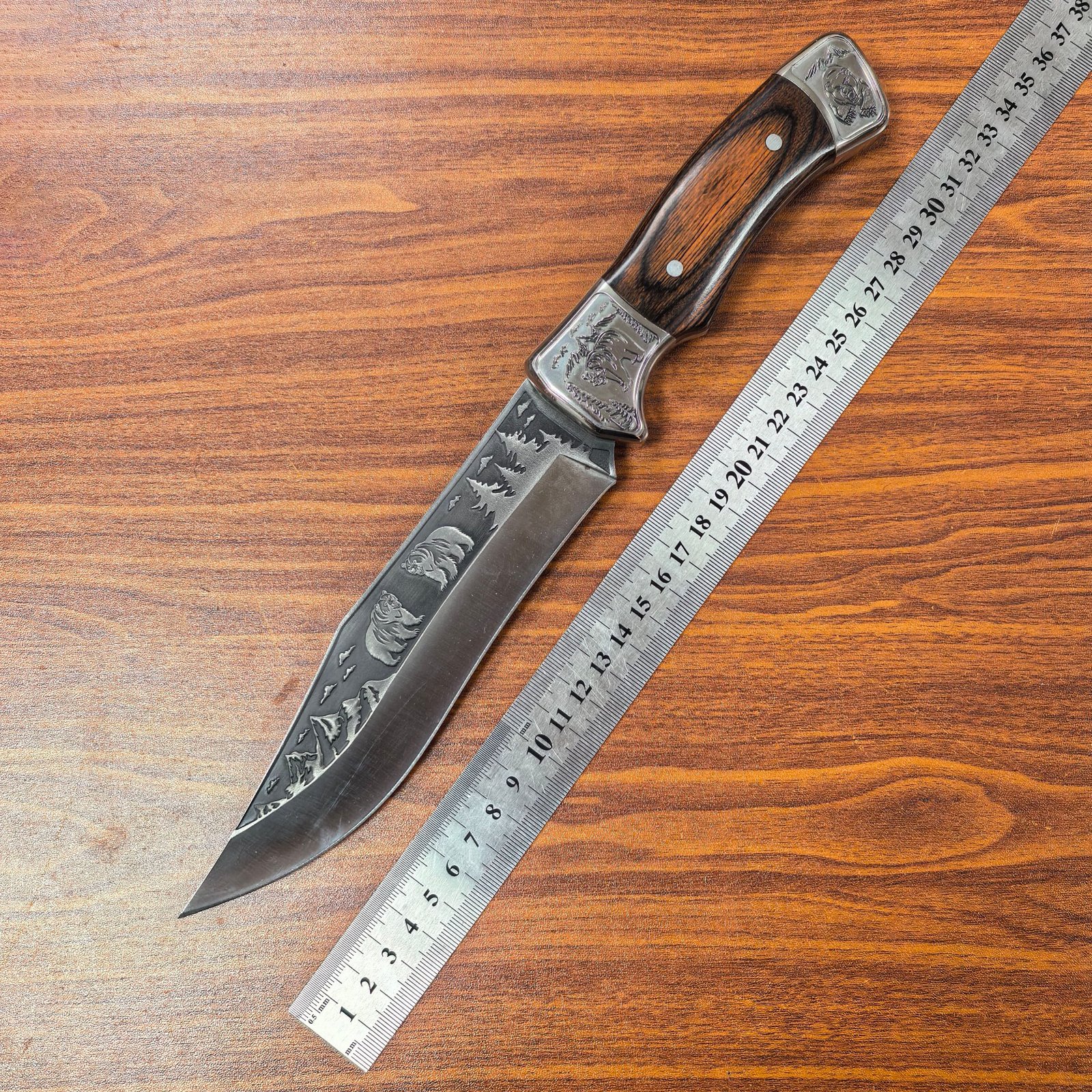 A survival knife with a black nylon sheath and a wooden handle, a fixed knife, a powerful hunting knife, a gift for men